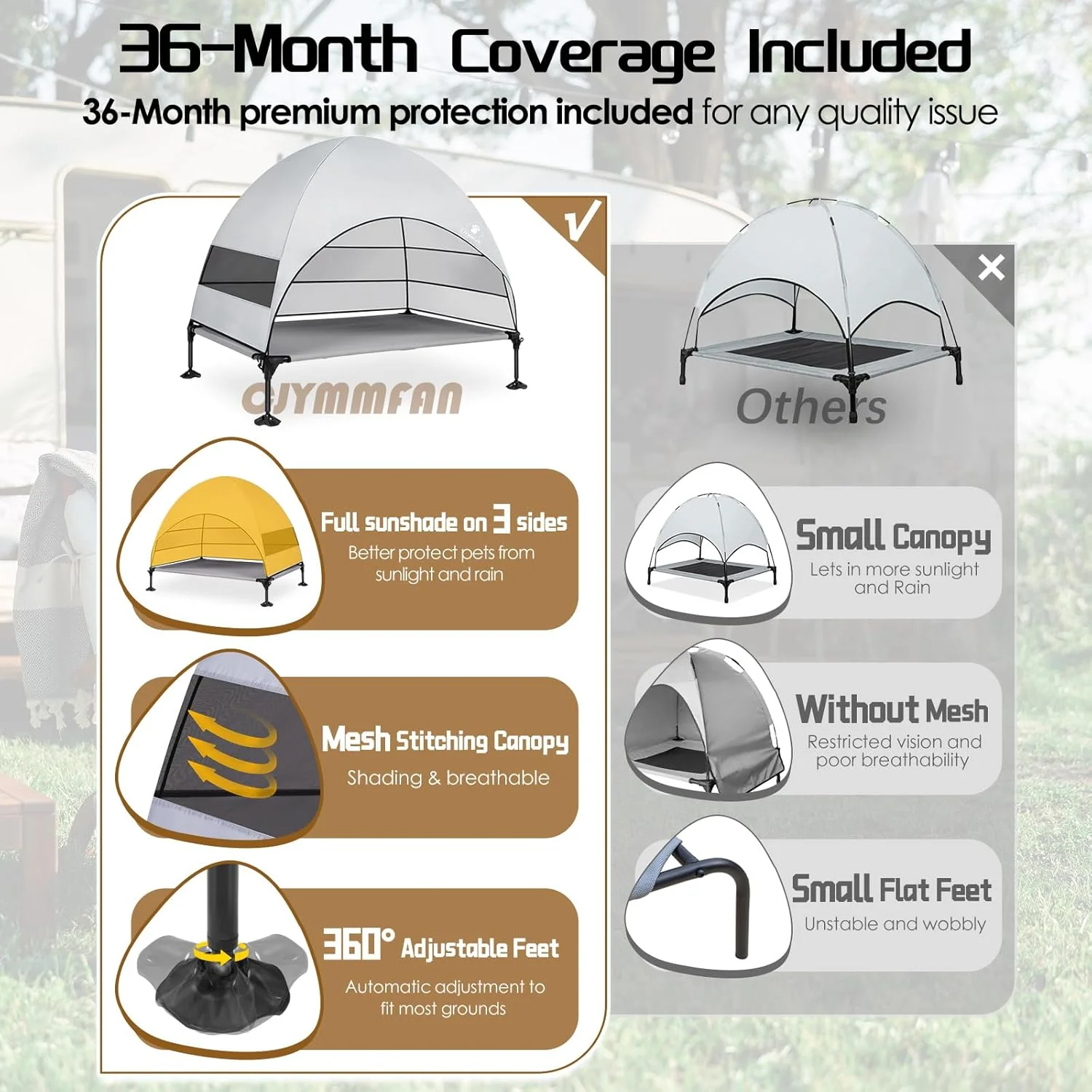 تخت سگ مرتفع بزرگ با سایبان ارتقا یافته، چادر سگ مرتفع در فضای باز با پایه های ضد لغزش قوی، تخت حیوانات خانگی قابل حمل با سایه بزرگتر، تخت خنک کننده مرتفع برای کمپینگ، حیاط خلوت، ساحل، کنار استخر