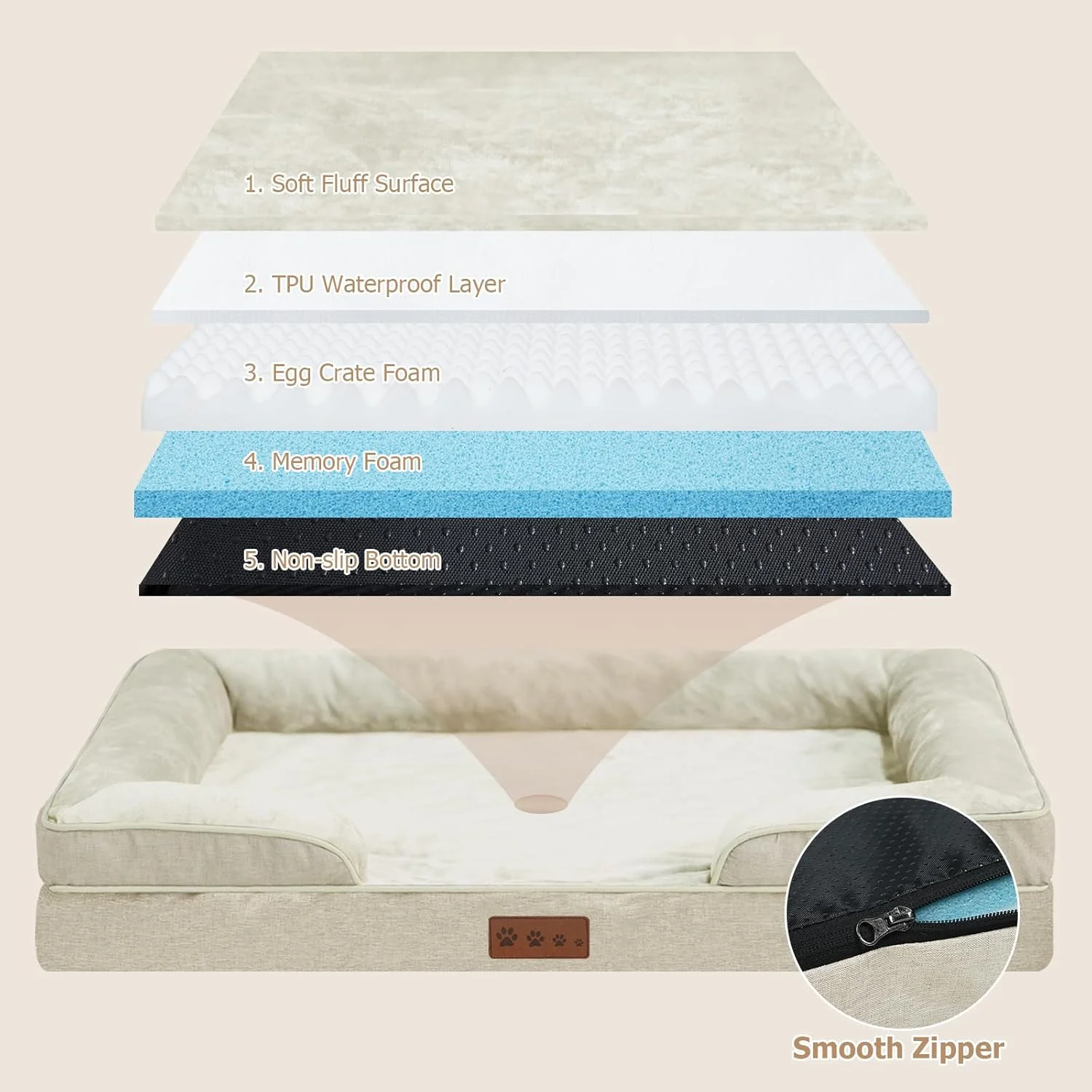 تخت سگ XL Dokdogs با دیواره های کناری، تخت خواب ارتوپدی سگ، مبل حیوانات خانگی بژ، تخت سگ بزرگ با روکش های قابل شستشو و کف ضد لغزش، تخت کاناپه ضد آب برای سگ ها (XL، بژ)