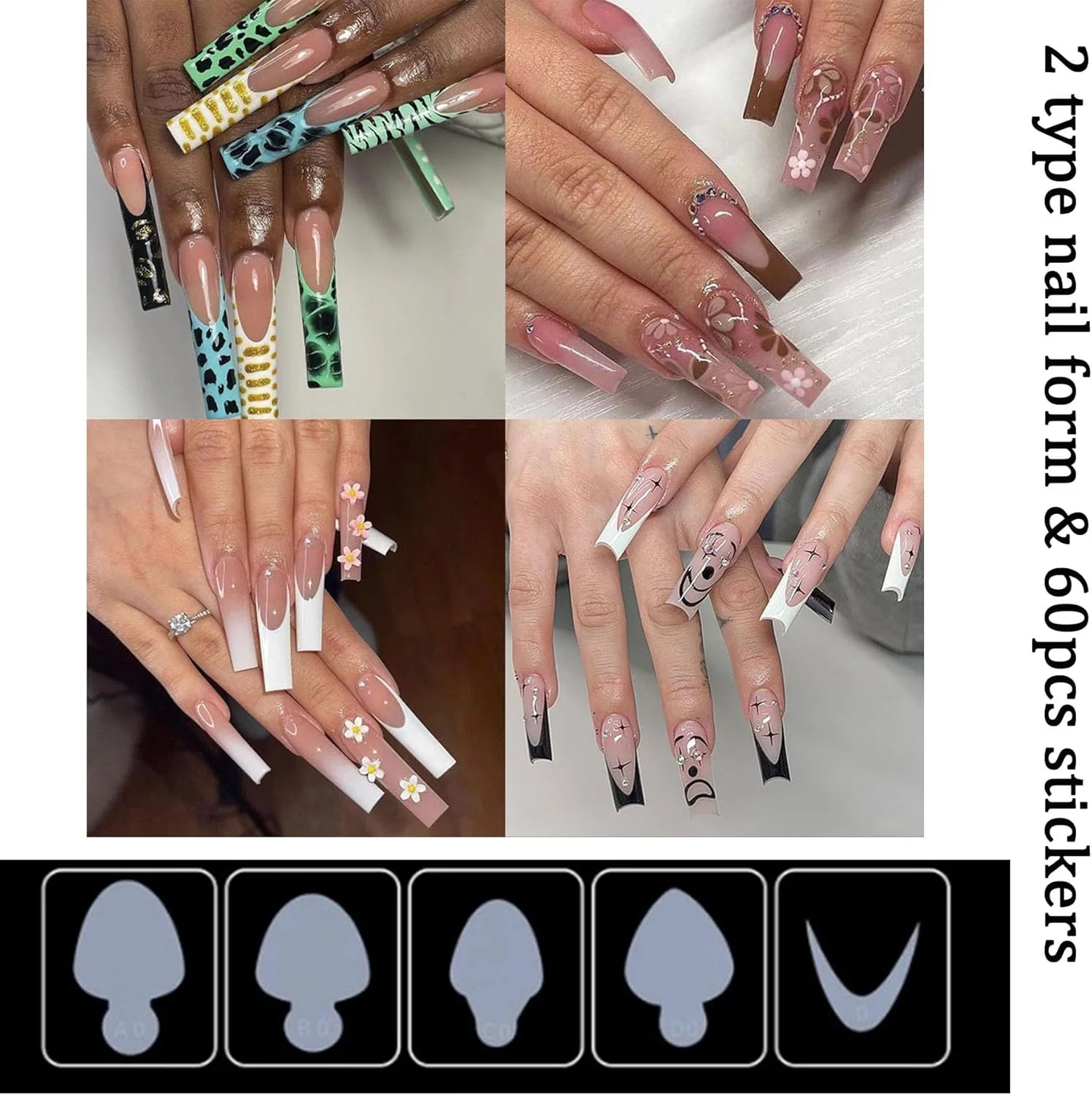 ست فرم دوگانه شفاف ناخن، سیستم اکستنشن ناخن، قالب نوک برای پلی ژل با 60 عدد پد قابل استفاده مجدد برای طراحی ناخن و هنر ناخن در سالن