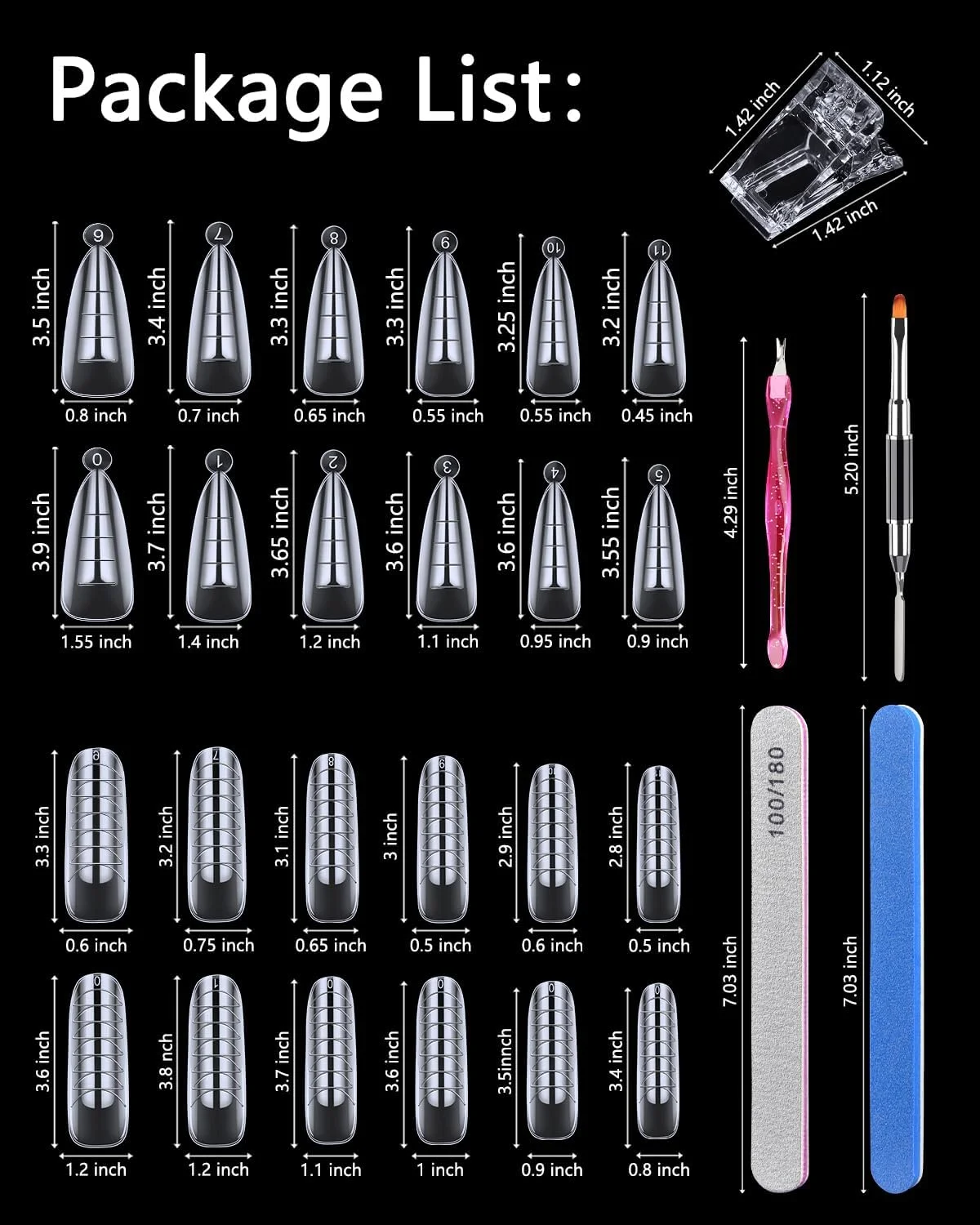 144 عدد قالب ناخن، قالب های دوگانه ژل اکستنشن پلی سایز MORGLES 2، اکستنشن ناخن تابوتی با قالب های شکل استیلتو، 10 عدد گیره با سوهان برای خانه و سالن