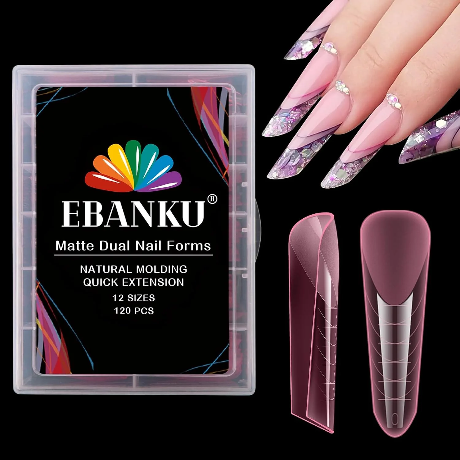 ایبانکو 120 عددی قالب ناخن دوگانه مات صورتی، سیستم قالب ناخن، نوک ناخن استیلتو اکریلیک، ابزار طراحی ناخن برای طراحی ناخن سالن