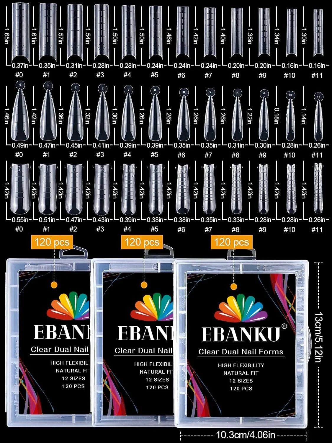 سیستم قالب ناخن دوگانه شفاف EBANKU، 360 عدد، 3 شکل مختلف، پوشش کامل اکریلیک، قالب ناخن پلی ژل برای اکستنشن ناخن ژلی، 12 سایز با ابزار مانیکور ناخن مقیاس دار (استایل B)