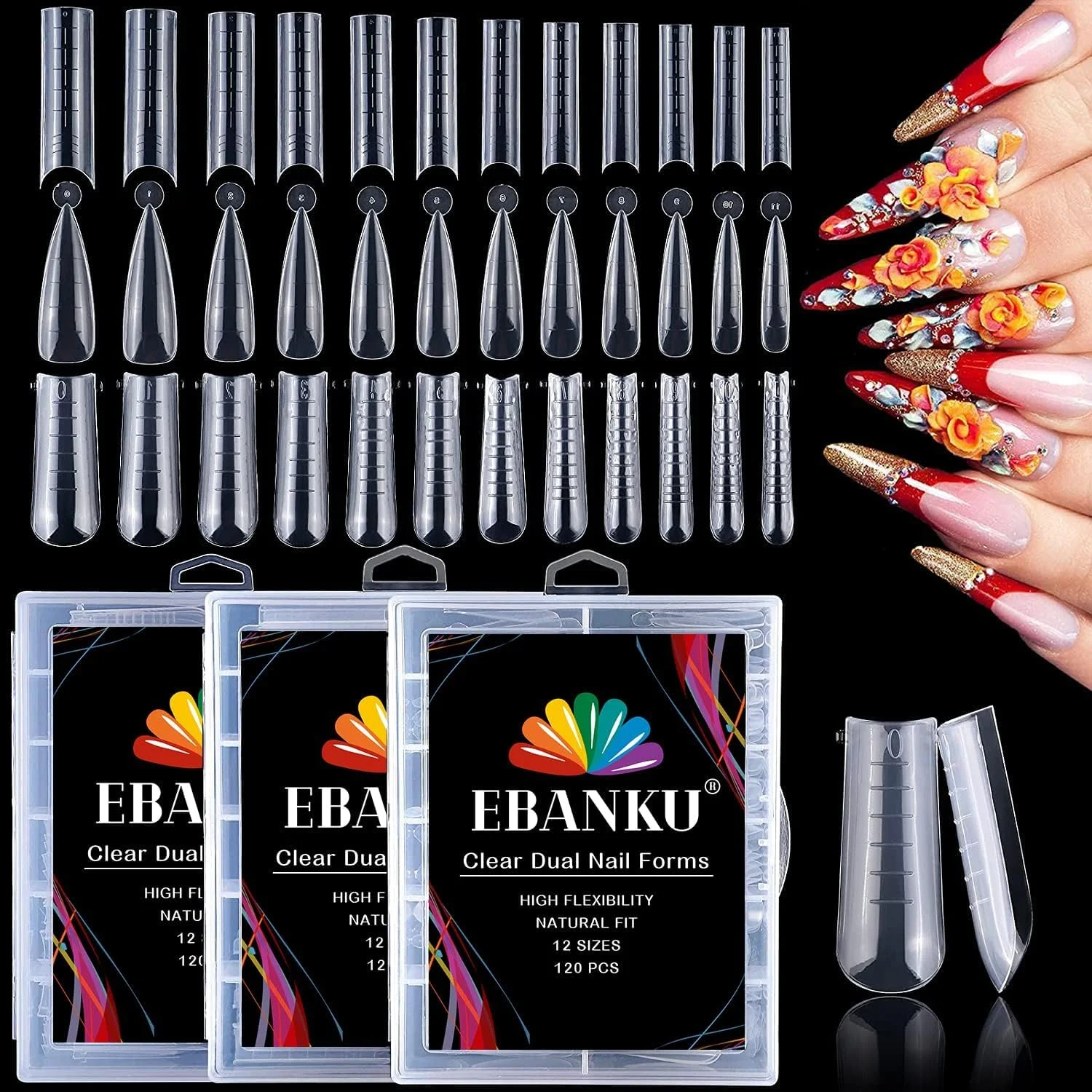 سیستم قالب ناخن دوگانه شفاف EBANKU، 360 عدد، 3 شکل مختلف، سیستم ناخن دوگانه اکریلیک پوشش کامل، قالب ناخن پلی ژل برای اکستنشن ناخن ژلی، 12 سایز با ابزار مانیکور ناخن مقیاس دار (استایل B)
