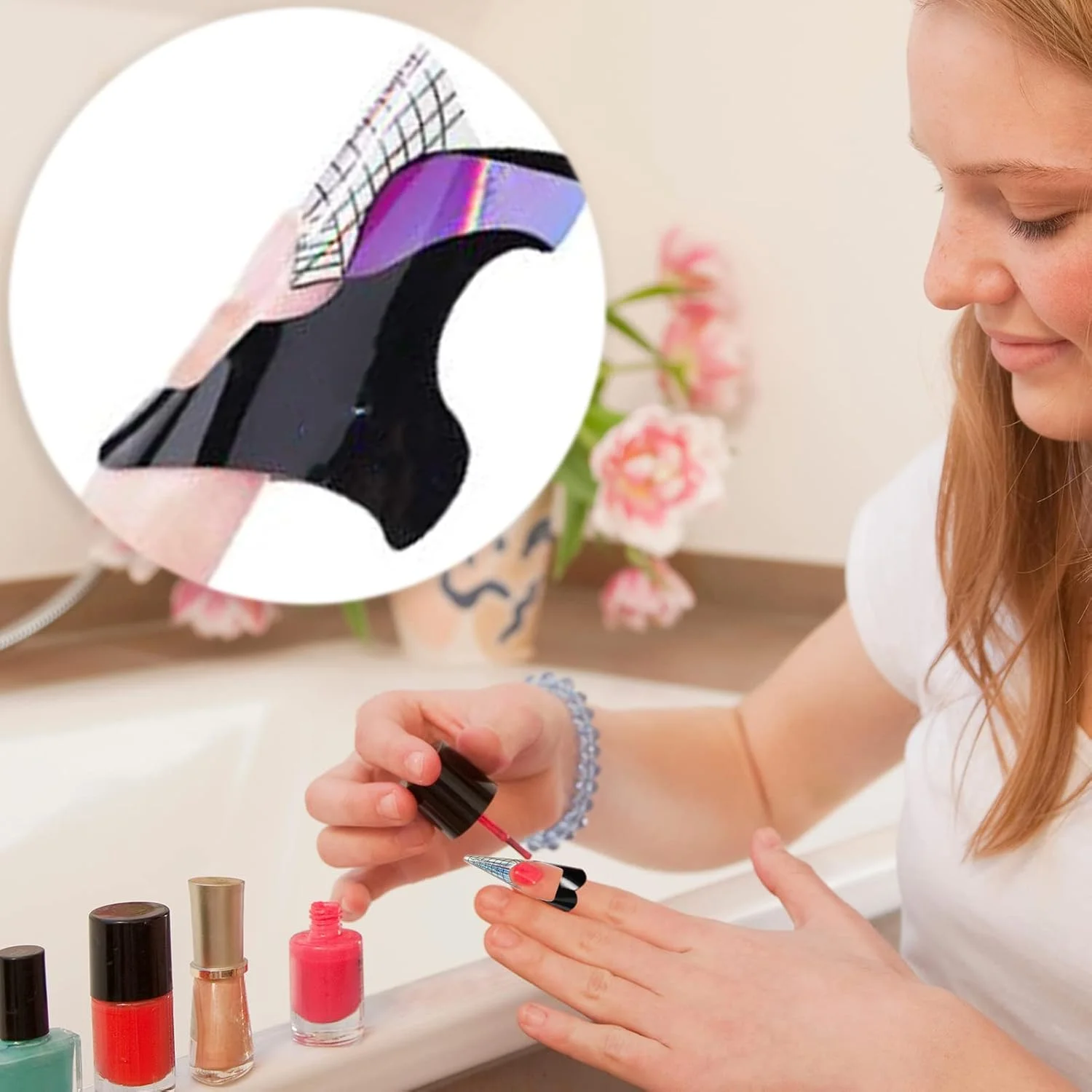 SZXMDKH بسته 100 عددی طراحی نوک گرد، استیکر ناخن کوتاه و سخت، راهنمای اکستنشن ناخن، نوک های خود چسب، ناخن های ژلی اکریلیک UV، چند رنگ، 7.5 x 6 سانتی متر