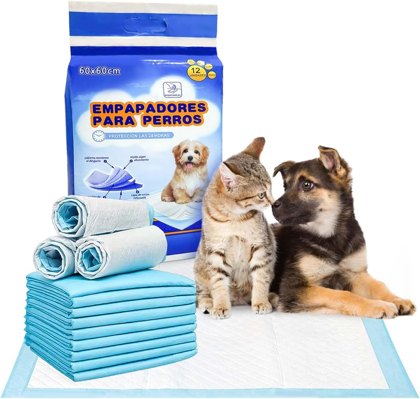 پد سگ Xcdhemde® بسته 12 عددی، 60 x 60 سانتی متر، زیرانداز بهداشتی یکبار مصرف برای حیوانات خانگی، پد آموزشی و دستمال مرطوب آموزشی، جاذب، پوشش ضد لغزش