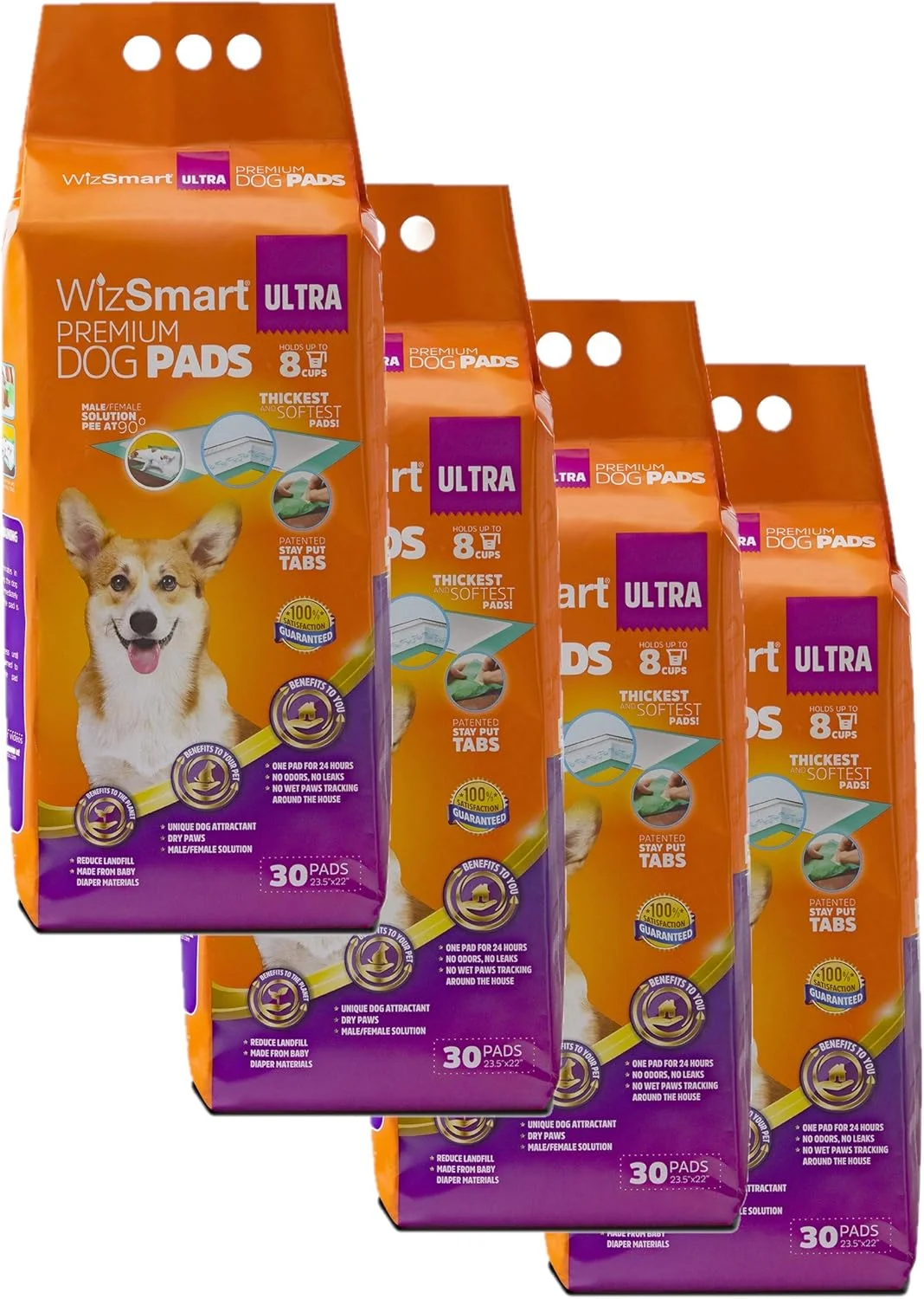 پدهای آموزشی سگ و توله سگ WizSmart All Day Dry Premium، ساخته شده با مواد بازیافتی استفاده نشده پوشک بچه و مواد سازگار با محیط زیست، فوق العاده جاذب، 120 عدد