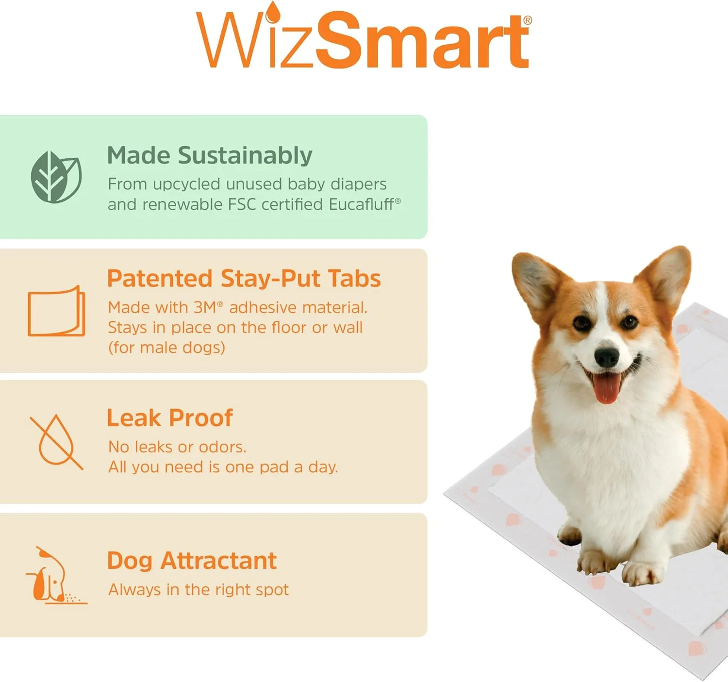 پدهای آموزشی دستشویی سگ و توله سگ WizSmart All-Day Dry Premium، خشک شدن سریع، جاذب و بدون بو با زبانه های ثابت، سوپر 5 فنجانی 50 عددی پدهای آموزشی دستشویی سگ و توله سگ WizSmart All-Day Dry Premium، خشک شدن سریع، جاذب و بدون بو با زبانه های ثابت، سوپر 5 فنجانی 50 عددی