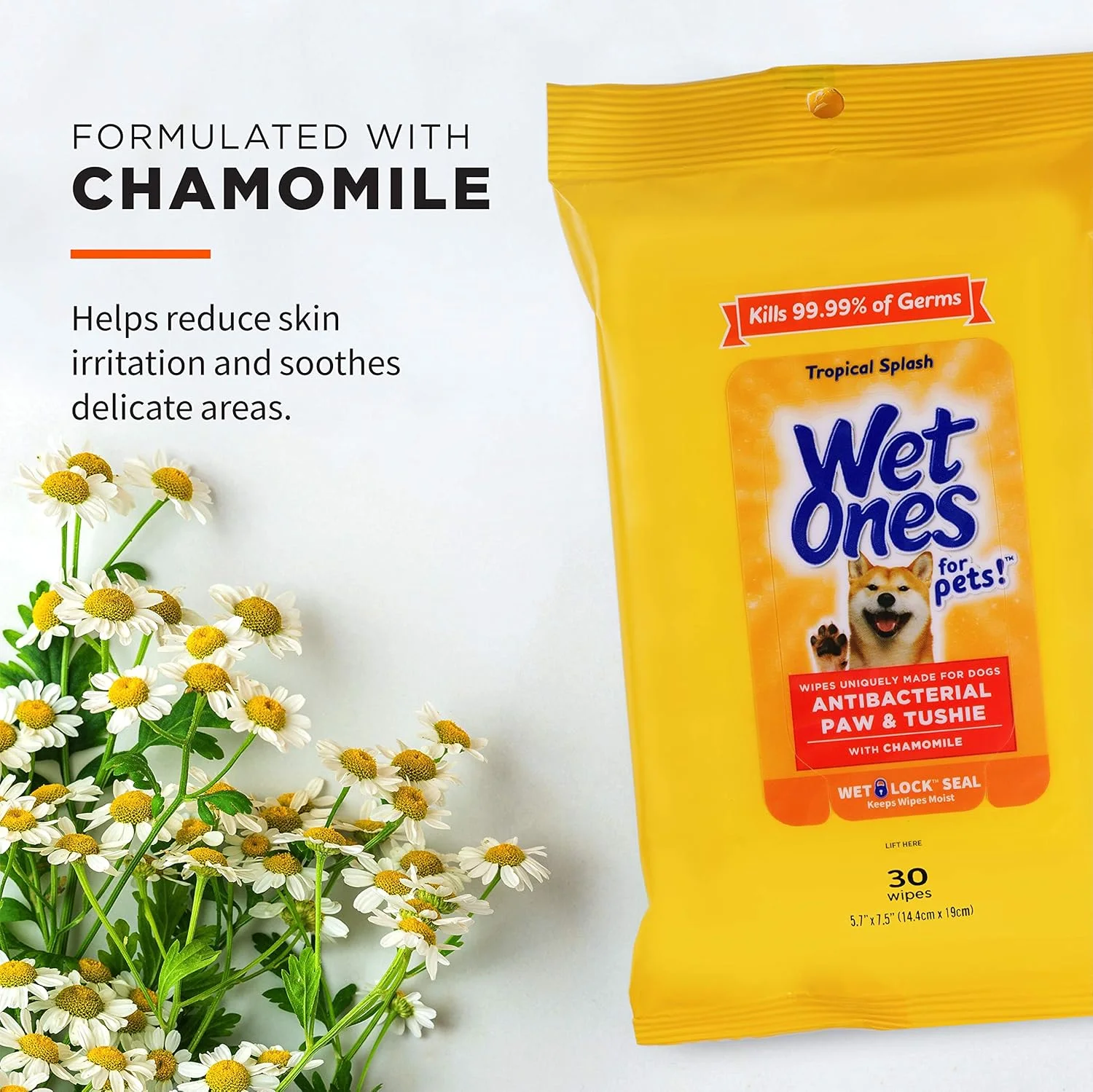 دستمال مرطوب سگ Wet Ones مخصوص پنجه و نشیمنگاه با رایحه بابونه و Tropical Splash - دستمال تمیز کننده برای پنجه ها و باسن بین حمام ها با درب Wet Lock، 30 عدد