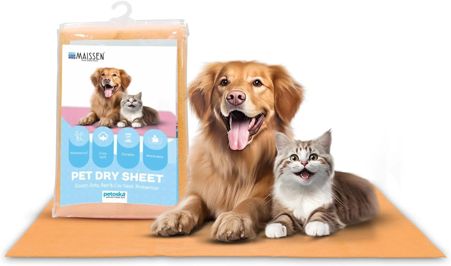زیرانداز خشک ضد آب حیوانات خانگی Maissen | نارنجی، متوسط (100 x 70 سانتی متر) | قابل شستشو، استفاده مجدد، جذب سریع و پد بهداشتی ادرار | محافظ مبل/ کاناپه/ تخت/ آموزش ادرار توله سگ، تشک و صندلی ماشین - سگ، گربه و همه حیوانات خانگی