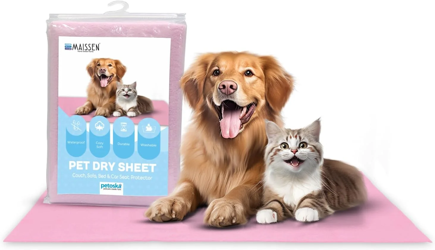 زیرانداز خشک ضد آب حیوانات خانگی Maissen | صورتی، متوسط (100 x 70 سانتی متر) | قابل شستشو، استفاده مجدد، جذب سریع و پد بهداشتی ادرار | محافظ مبل/ کاناپه/ تخت/ آموزش ادرار توله سگ، تشک و صندلی ماشین برای سگ، گربه و همه حیوانات خانگی