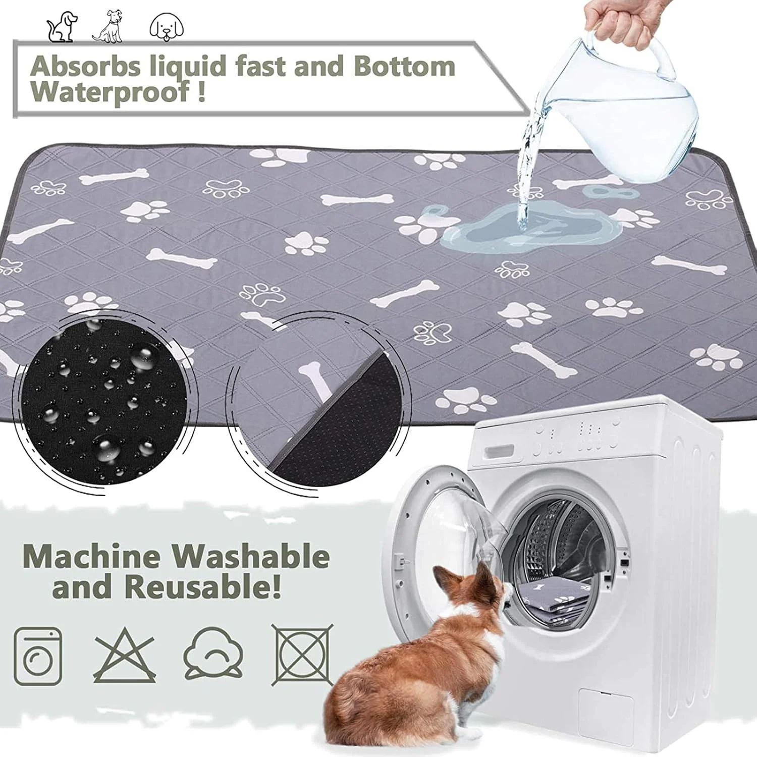 پد آموزشی ادرار سگ قابل شستشو، بسته 2 عددی، پد سگ قابل استفاده مجدد، تشک غیر لغزنده برای سگ با جذب عالی ادرار، پد ضد آب برای سگ، گربه، خرگوش، خوکچه هندی،