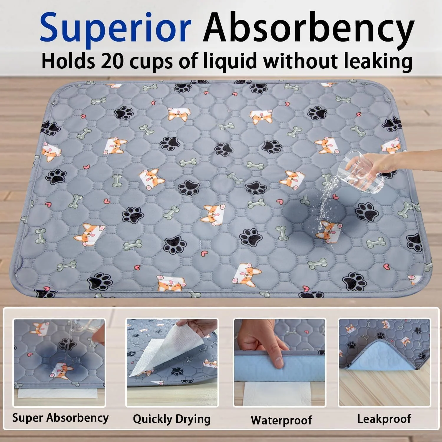 پدهای ادرار شوی سگ، بسته 2 عددی پد آموزشی سگ قابل استفاده مجدد، پدهای توله سگ قابل شستشو، پدهای زایمان قابل استفاده مجدد و جاذب، زیرانداز سگ ضد لغزش با طرح چاپی محافظ کف خاکستری - 104x104 سانتی متر