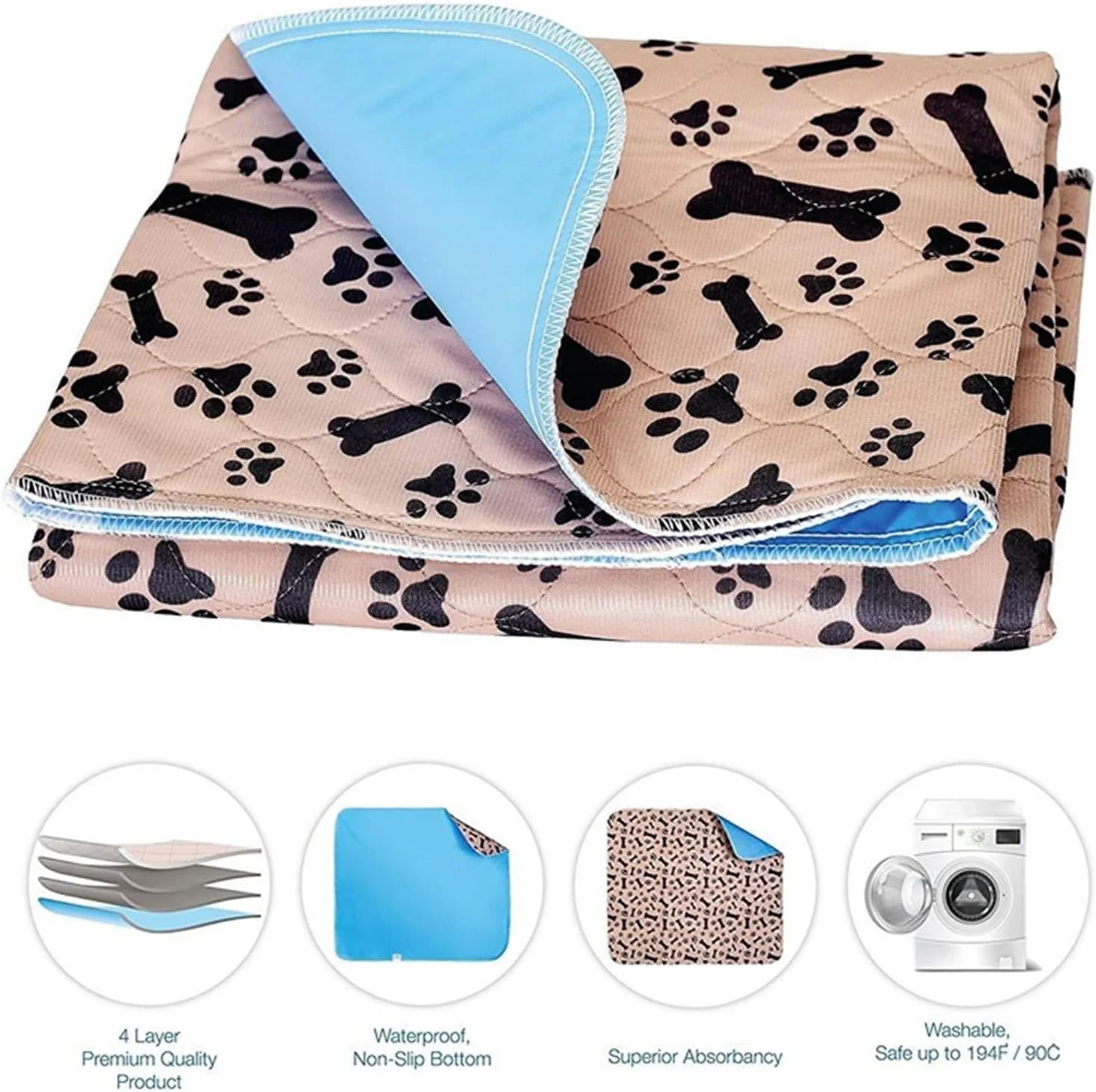 پد ادرار قابل شستشو برای سگ، پد ادرار حیوانات خانگی قابل استفاده مجدد، تشک پوشک سگ و گربه قابل شستشو، 3 لایه جاذب، پد پوشک سگ طرح استخوان و پنجه برای مبل، تخت، کف (رنگ 2، 40X60CM)