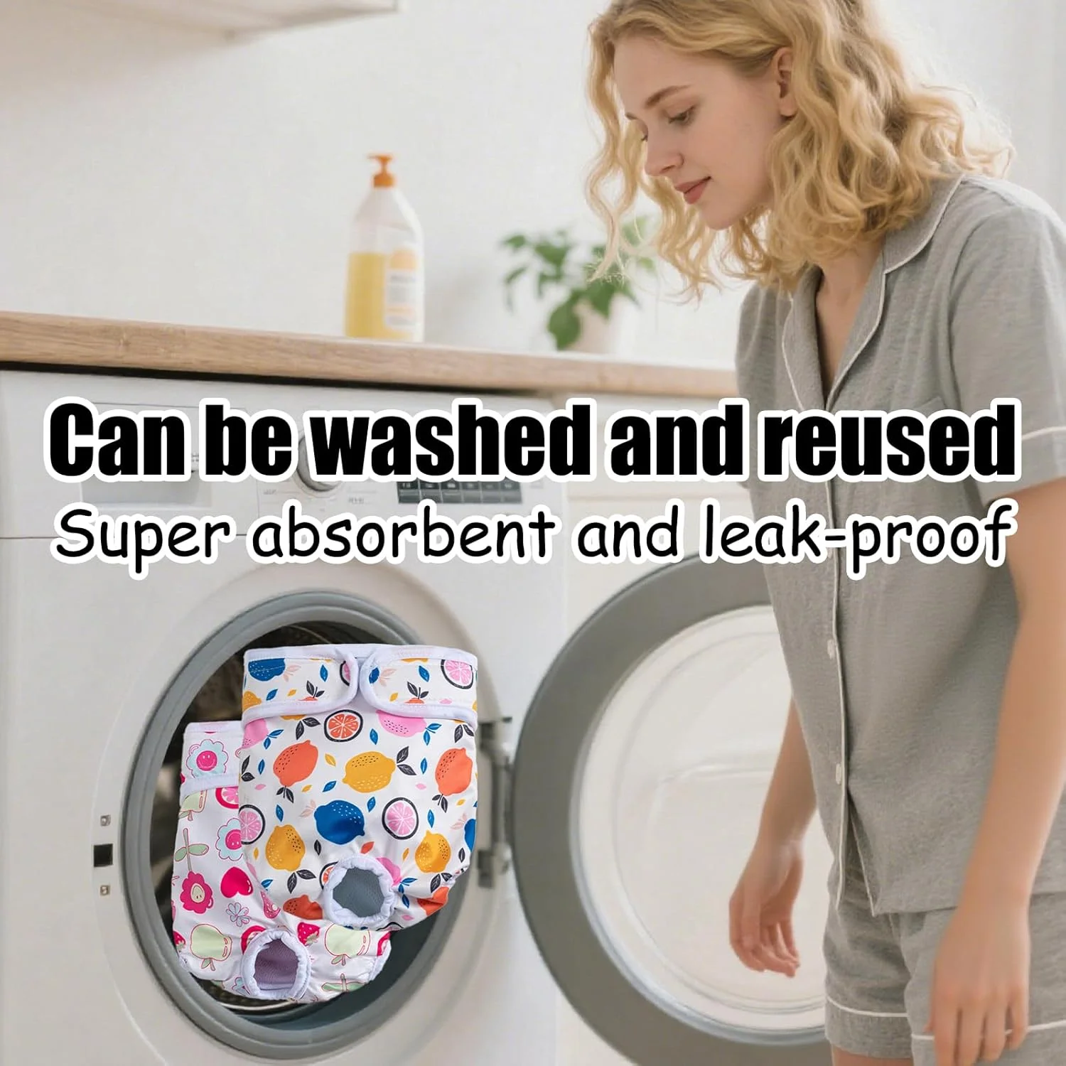 پوشک سگ قابل شستشو برای سگ های فحل، بسته 2 عددی، سایز متوسط، طرح میوه، جاذب و قابل استفاده مجدد