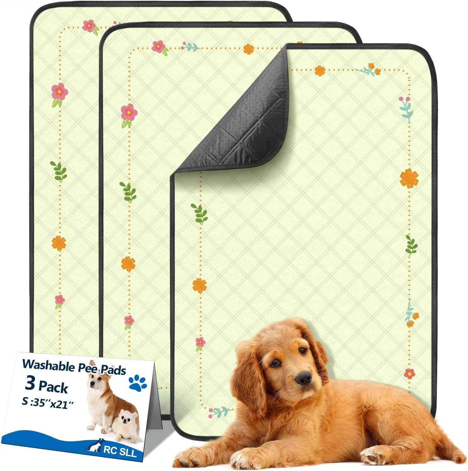 پدهای ادرار شوی سگ، بسته 3 عددی پد توله سگ قابل استفاده مجدد، پدهای آموزش ادرار جاذب و ضد نشت سگ، زیراندازهای آموزشی ضد لغزش مناسب برای ادرار توله سگ، قفس خرگوش، محوطه خوکچه هندی (زرد، S:35:21")