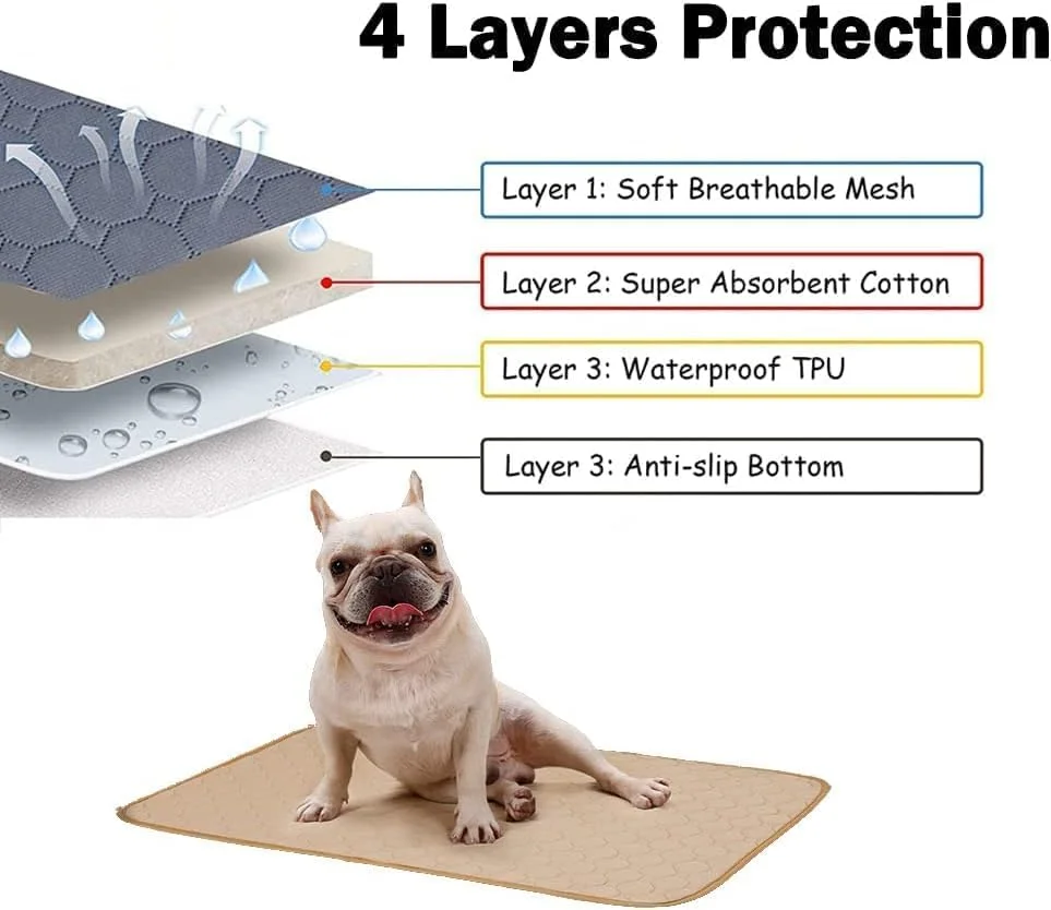 پد ادرار سگ قابل شستشو، 67*100 سانتی متر، پد ادرار توله سگ قابل استفاده مجدد، فوق العاده جاذب، برای آموزش حیوانات خانگی، بی اختیاری، 4 لایه ضد آب، پد سگ و گربه ضد لغزش و تنفسی فوق العاده جاذب (بژ - L)