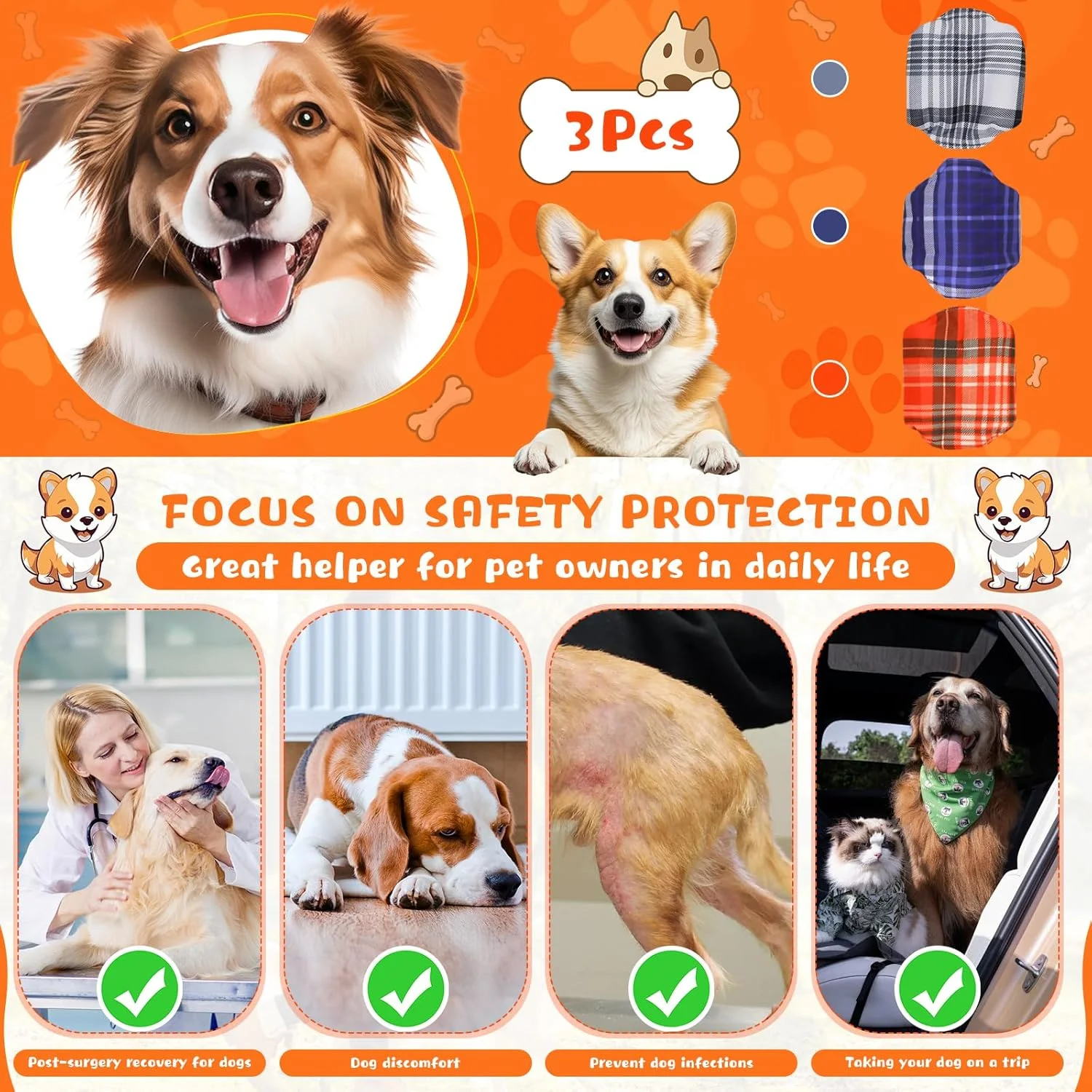 3 عدد پوشک سگ نر، پوشک سگ قابل شستشو برای حیوانات خانگی، نوارهای شکمی فوق العاده جاذب، شلوارهای پوشک توله سگ قابل تنظیم، پوشش های بهداشتی ضد نشت برای توله سگ های کوچک، متوسط و بزرگ و بی اختیاری
