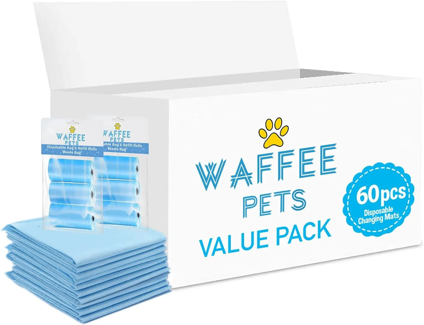 زیرانداز تعویض یکبار مصرف Waffee بسته 60 عددی + 2 بسته آبی (6 رول) 120 کیسه پوشک