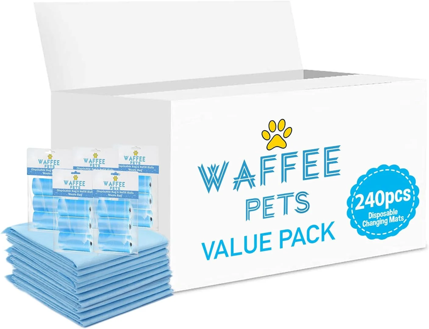 زیرانداز تعویض یکبار مصرف 240 عددی + بسته 5 عددی آبی (15 رول) 300 عدد کیسه پوشک