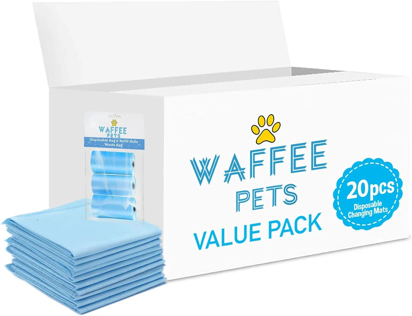 زیرانداز تعویض یکبار مصرف Waffee بسته 20 عددی + 1 بسته آبی (3 رول) 60 کیسه پوشک