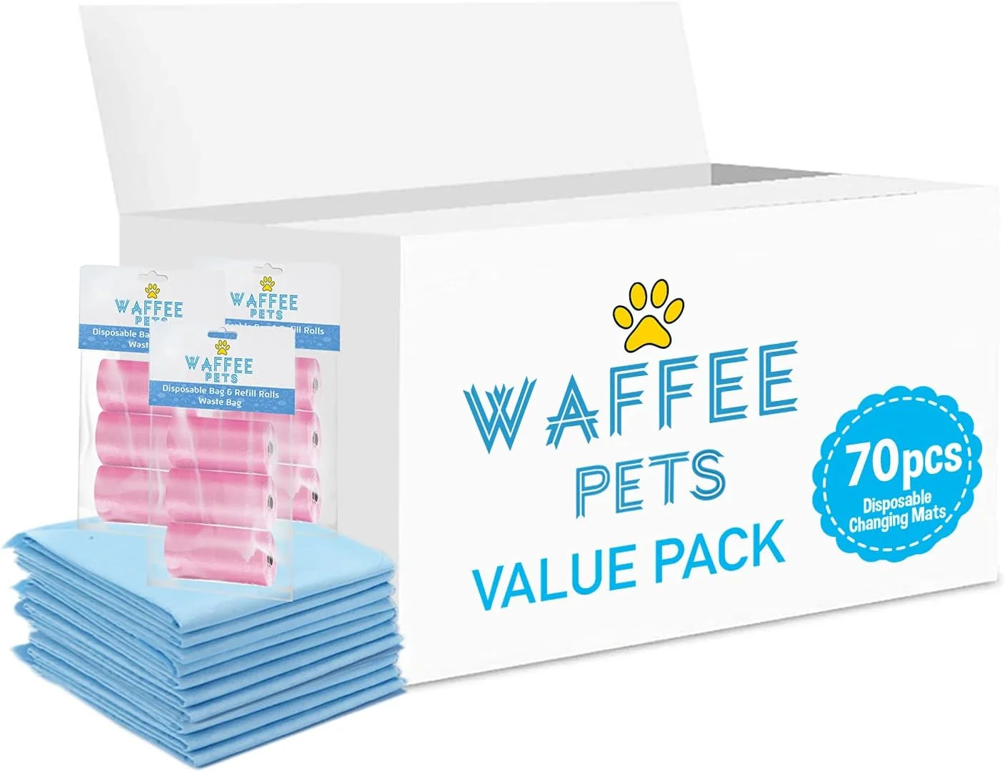 پد تعویض یکبار مصرف Waffee بسته 70 عددی + بسته 3 تایی صورتی (9 رول) 180 کیسه پوشک