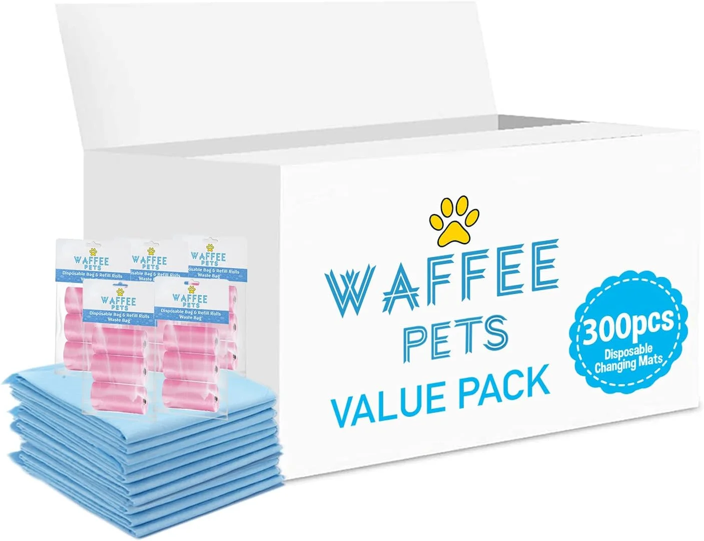 زیرانداز تعویض یکبار مصرف 300 عددی + بسته 5 عددی صورتی (15 رول) کیسه پوشک