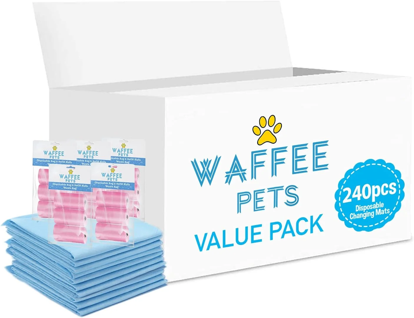 زیرانداز تعویض یکبار مصرف 240 عددی + بسته 5 عددی صورتی (15 رول) 300 عدد کیسه پوشک