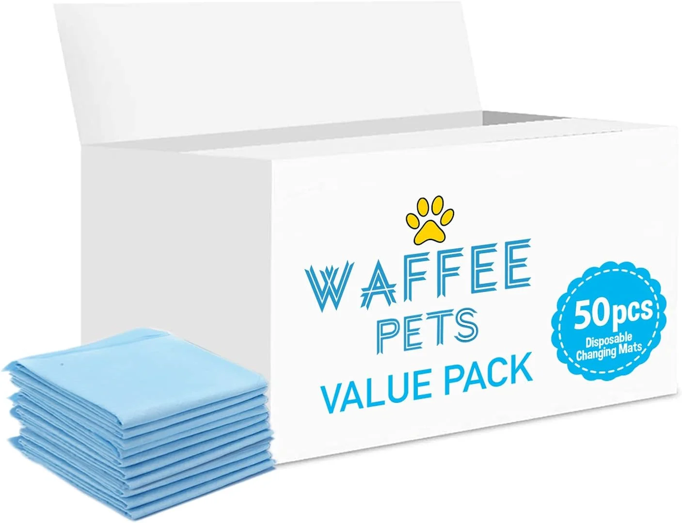 زیرانداز تعویض یکبار مصرف Waffee، بسته 50 عددی، پدهای جاذب و خشک شونده سریع و ضد نشت برای آموزش توالت، پد تعویض، پد پوشک، پد آموزش حیوانات خانگی