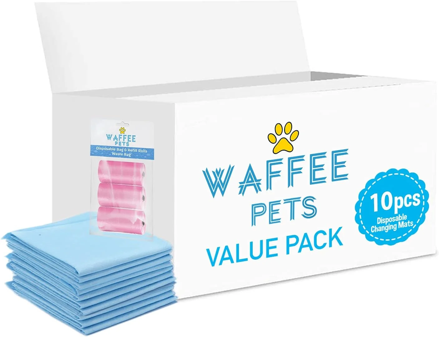 پد تعویض یکبار مصرف Waffee بسته 10 عددی + بسته 3 رول - 60 عدد کیسه مدفوع - صورتی