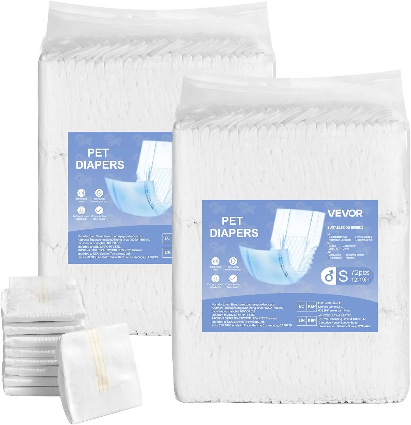 پوشک یکبار مصرف سگ نر VEVOR، دورپیچ های فوق العاده جاذب سگ نر، نوارهای شکمی 360 درجه ضد نشت با نشانگر رطوبت برای سگ های نر در گرما، آموزش، بی اختیاری - S، 144 عدد (2 بسته 72 عددی)