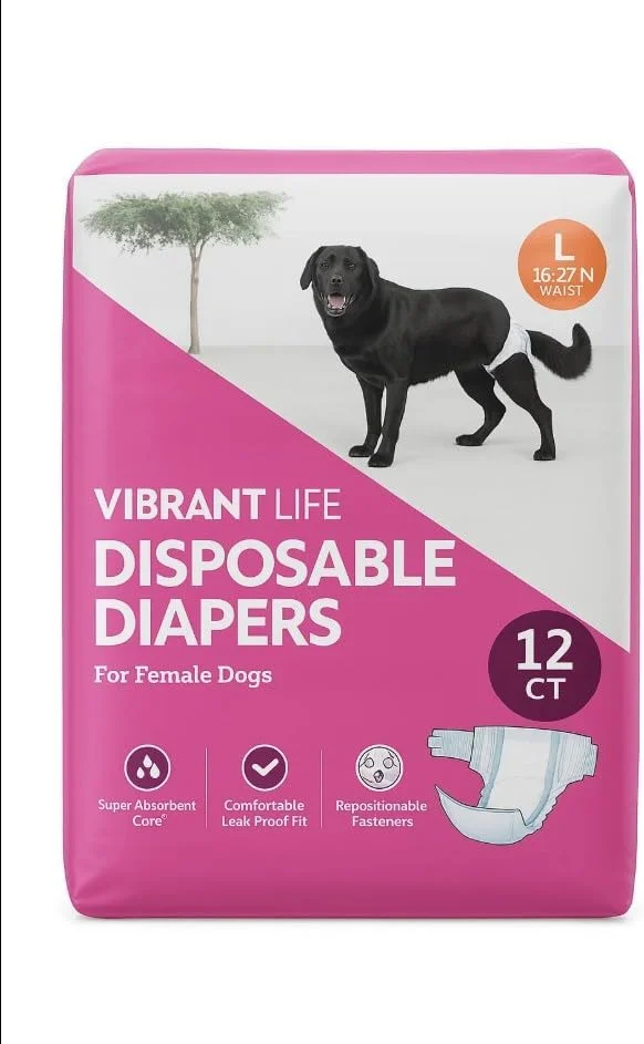 پوشک یکبار مصرف سگ ماده Vibrant Life، سایز بزرگ مناسب دور کمر 40 تا 68 سانتی متر، بسته 12 عددی، فوق العاده جاذب
