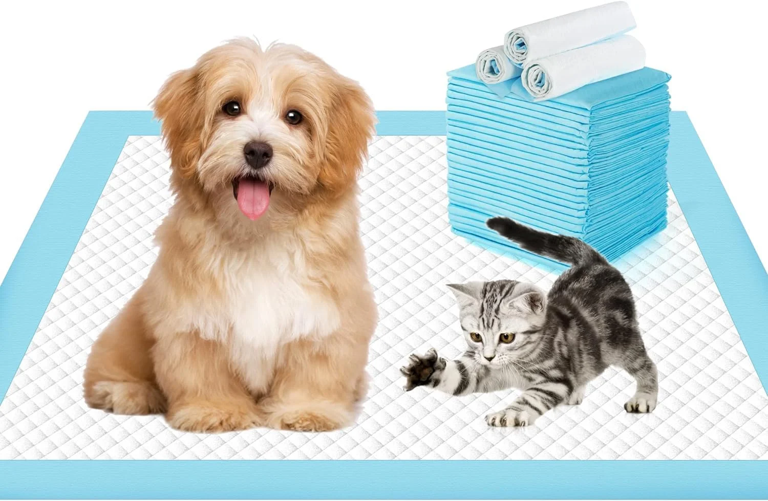 پدهای آموزشی حیوانات خانگی Vsell24، بسته 50 عددی، 6 لایه، یکبار مصرف، جاذب سریع، ضد لغزش، مناسب آموزش ادرار سگ و گربه (سایز M (45X60CM))