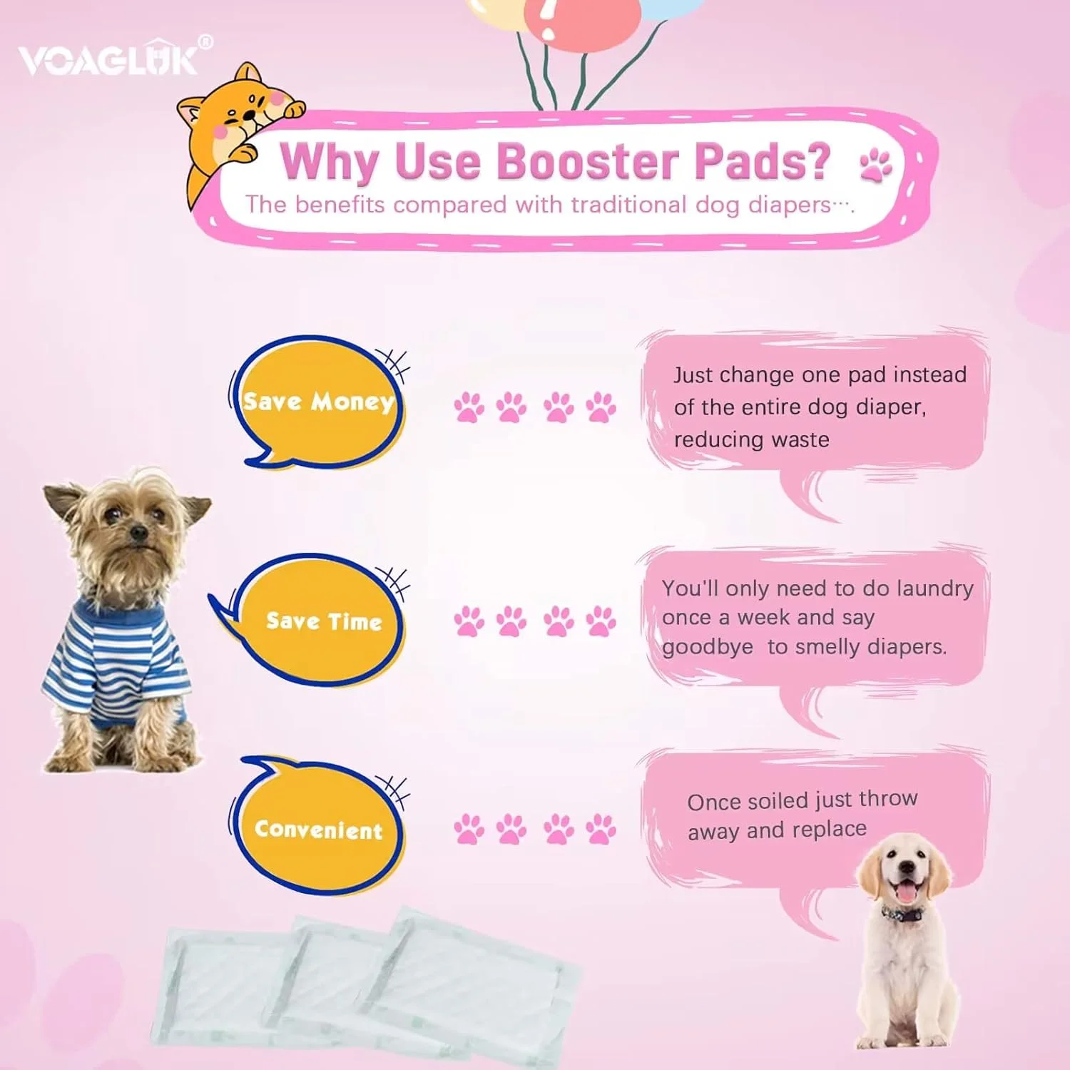 پدهای پوشکی سگ VoagLuk برای سگ های نر و ماده، 100 عدد، پدهای تقویت کننده پوشک سگ یکبار مصرف فوق العاده جاذب، مناسب برای اکثر نوارهای شکمی و پوشش های حیوانات خانگی (بلند)