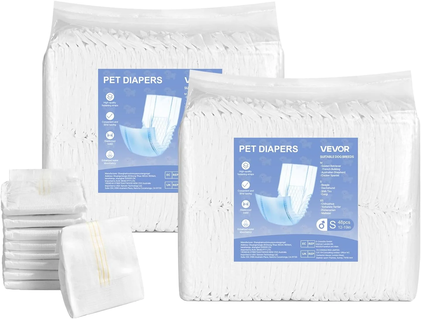 پوشک سگ نر یکبار مصرف VEVOR، پدهای فوق جاذب سگ نر، نوارهای شکمی 360 درجه ضد نشت با نشانگر رطوبت برای سگ های نر در دوره گرما، آموزش، بی اختیاری - سایز S، تعداد 96 عدد (2 بسته 48 تایی)