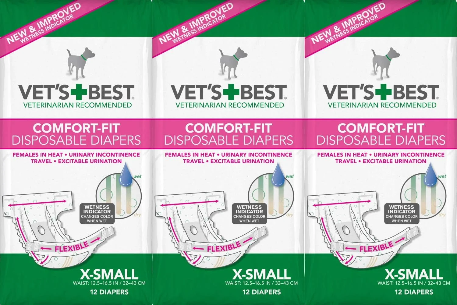 پوشک سگ ماده Vet's Best دارای سوراخ دم، یکبار مصرف راحت، خیلی کوچک، بسته 3 تایی 12 عددی