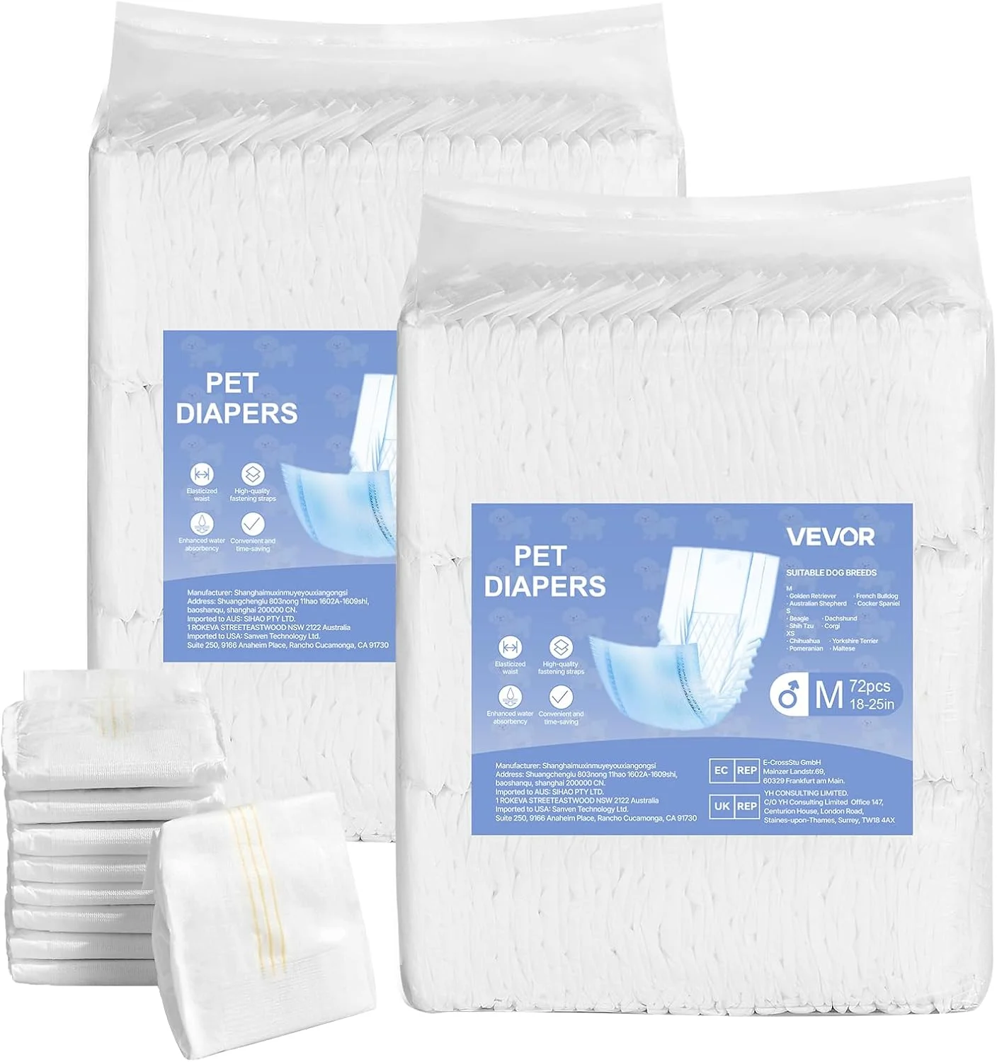 پوشک یکبار مصرف سگ نر VEVOR، دورپیچ های فوق جاذب سگ نر، نوارهای شکمی 360 درجه ضد نشت با نشانگر رطوبت برای سگ های نر در گرما، آموزش، بی اختیاری ادرار - XS، 144 عدد (2 بسته 72 عددی)