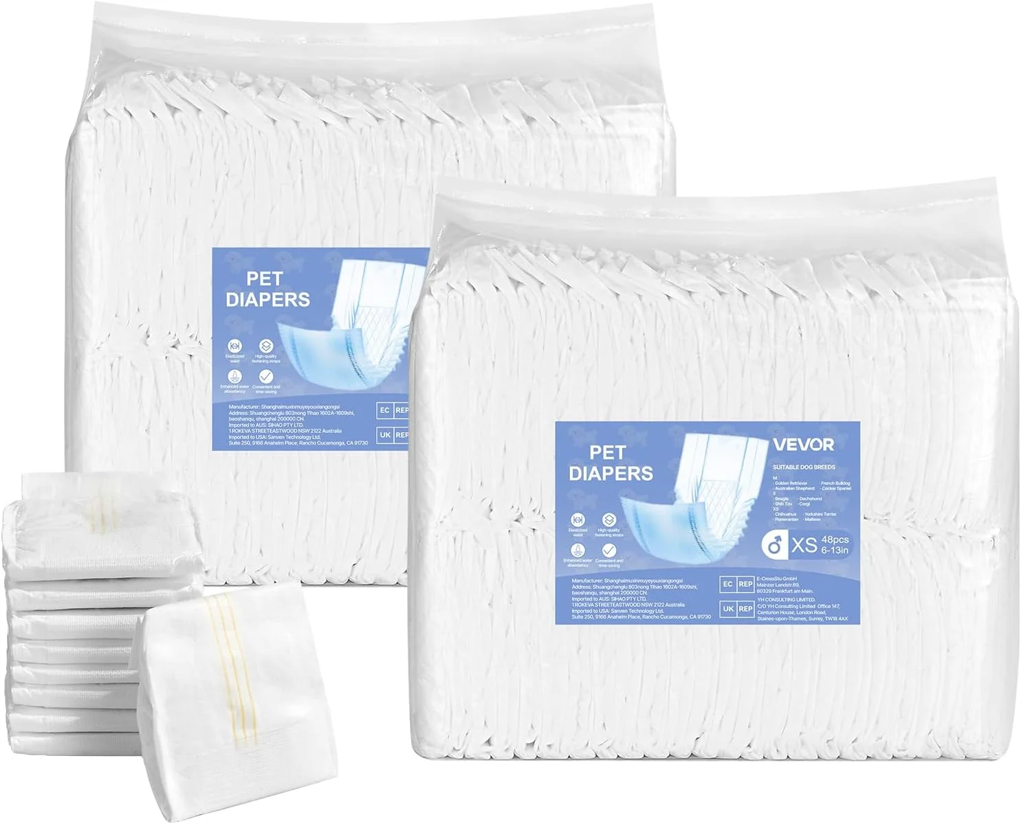 پوشک سگ نر یکبار مصرف VEVOR، پدهای فوق العاده جاذب سگ نر، نوارهای شکمی 360 درجه ضد نشت با نشانگر رطوبت برای سگ های نر در دوران گرما، آموزش، بی اختیاری - XS، تعداد 96 عدد (2 بسته 48 تایی)