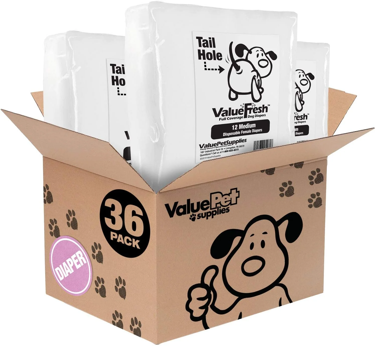 پوشک یکبار مصرف سگ ماده ValueFresh، سایز متوسط، 36 عدد - پوشش کامل با سوراخ دم، بست های بدون گیر کردن، محافظت در برابر نشت، نشانگر رطوبت