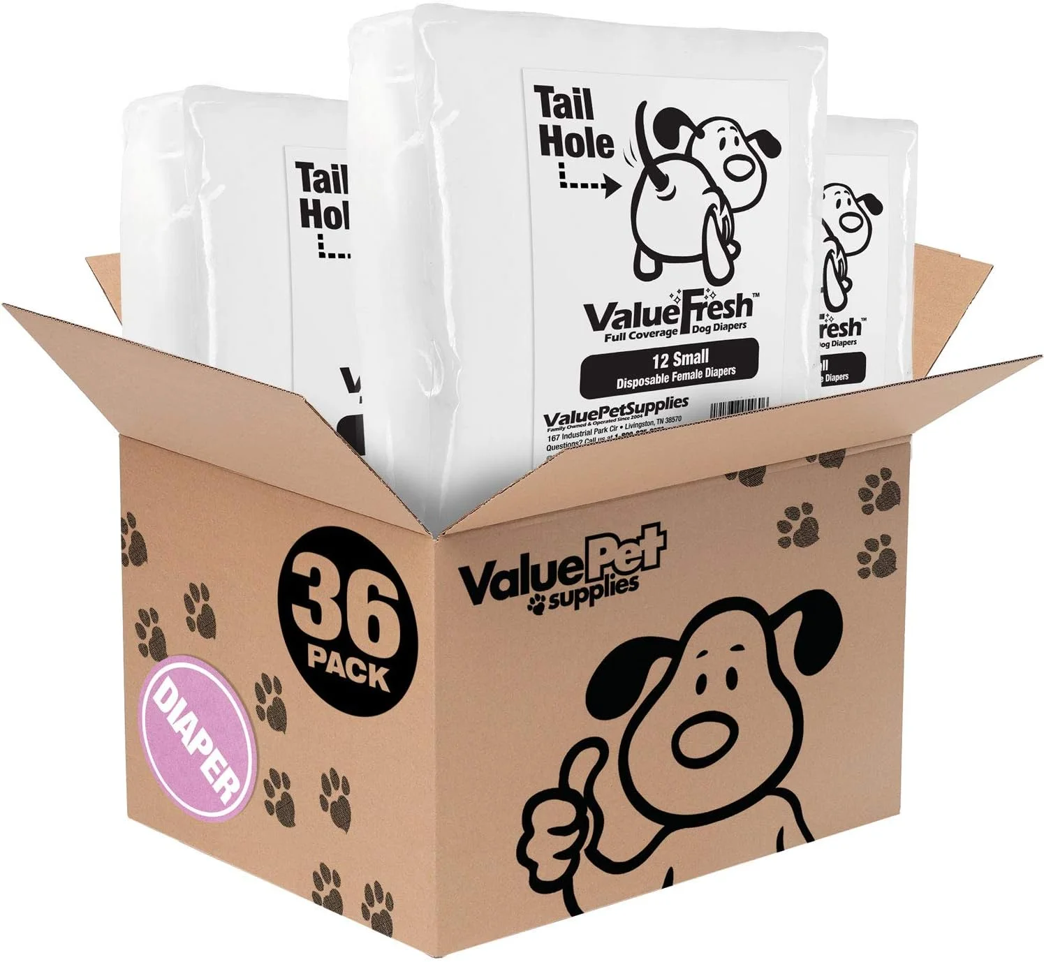 پوشک یکبار مصرف سگ ماده ValueFresh، سایز کوچک، 36 عددی - پوشش کامل با سوراخ دم، بست های بدون گیر کردن، محافظت در برابر نشت، نشانگر رطوبت
