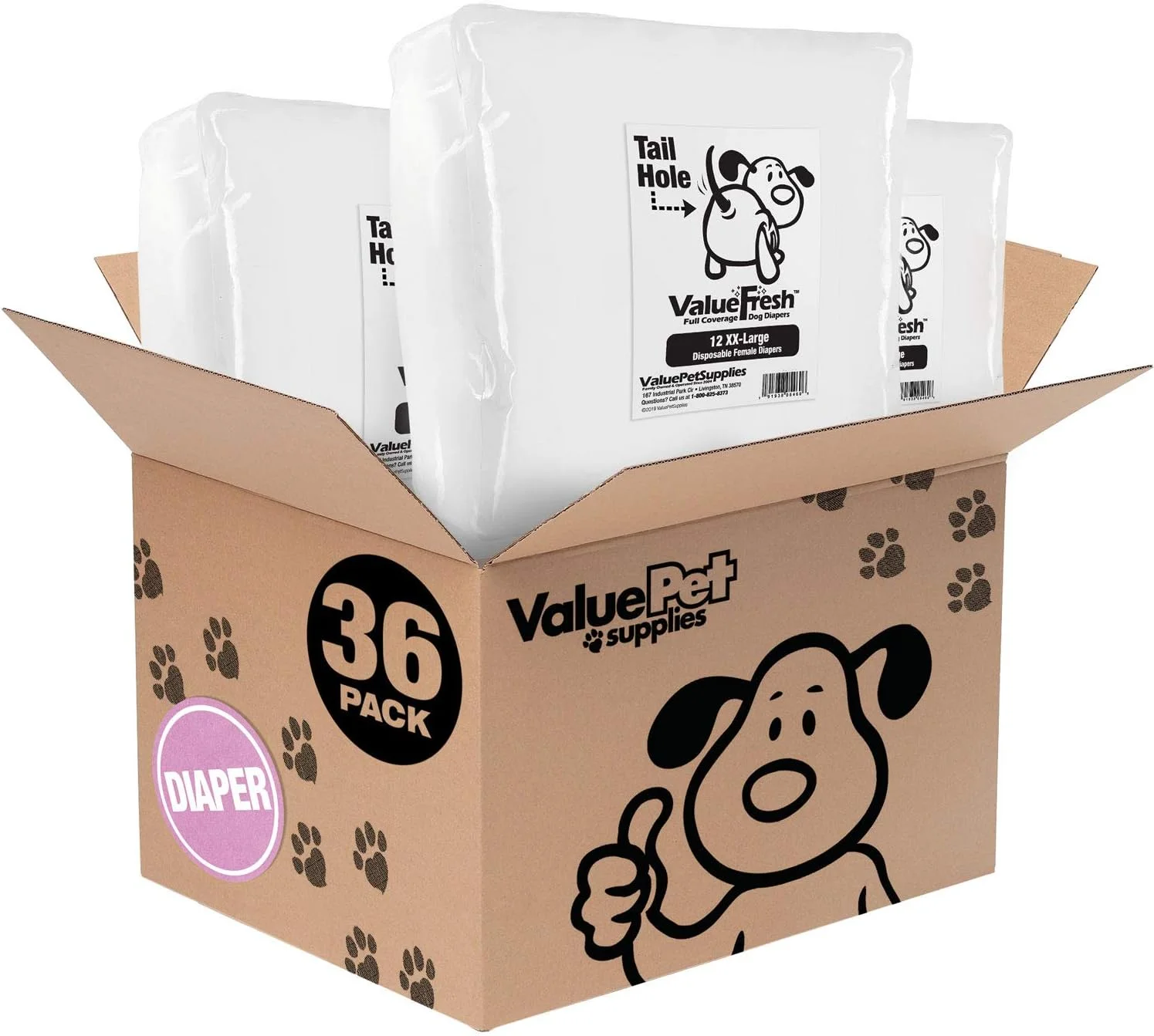 پوشک سگ ماده یکبار مصرف ValueFresh، سایز XX-بزرگ، 36 عددی - پوشش کامل با سوراخ دم، بست های بدون گیر کردن، محافظت در برابر نشت، نشانگر رطوبت