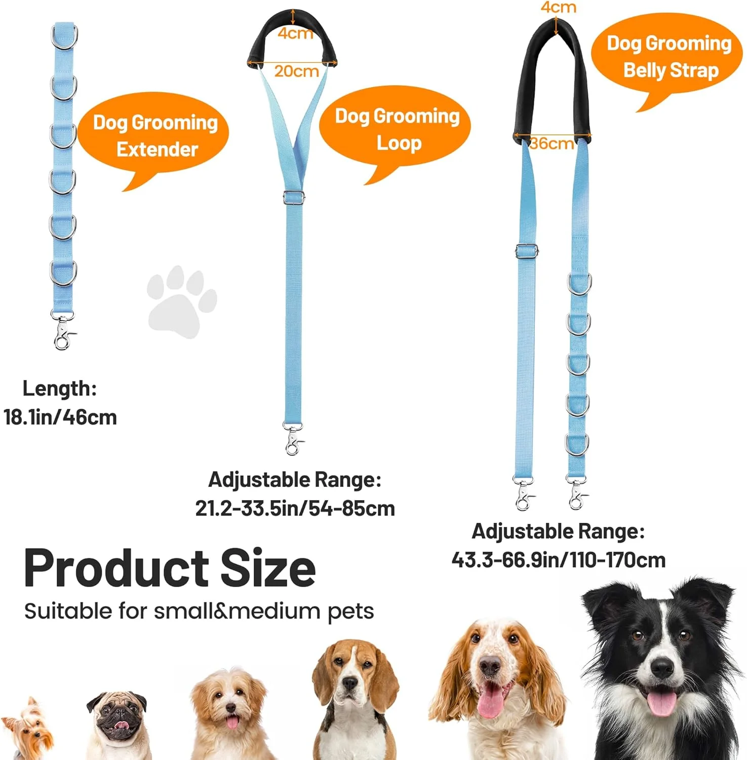 بند نگهدارنده شکم سگ برای آرایش - بازوی کمکی میز آرایش سگ با گیره و حلقه اتصال، بند مهار کننده برای حمام کردن، نگهدارنده نشیمنگاه برای اصلاح مو و شستشوی سگ های کوچک و متوسط​​، 3 عدد