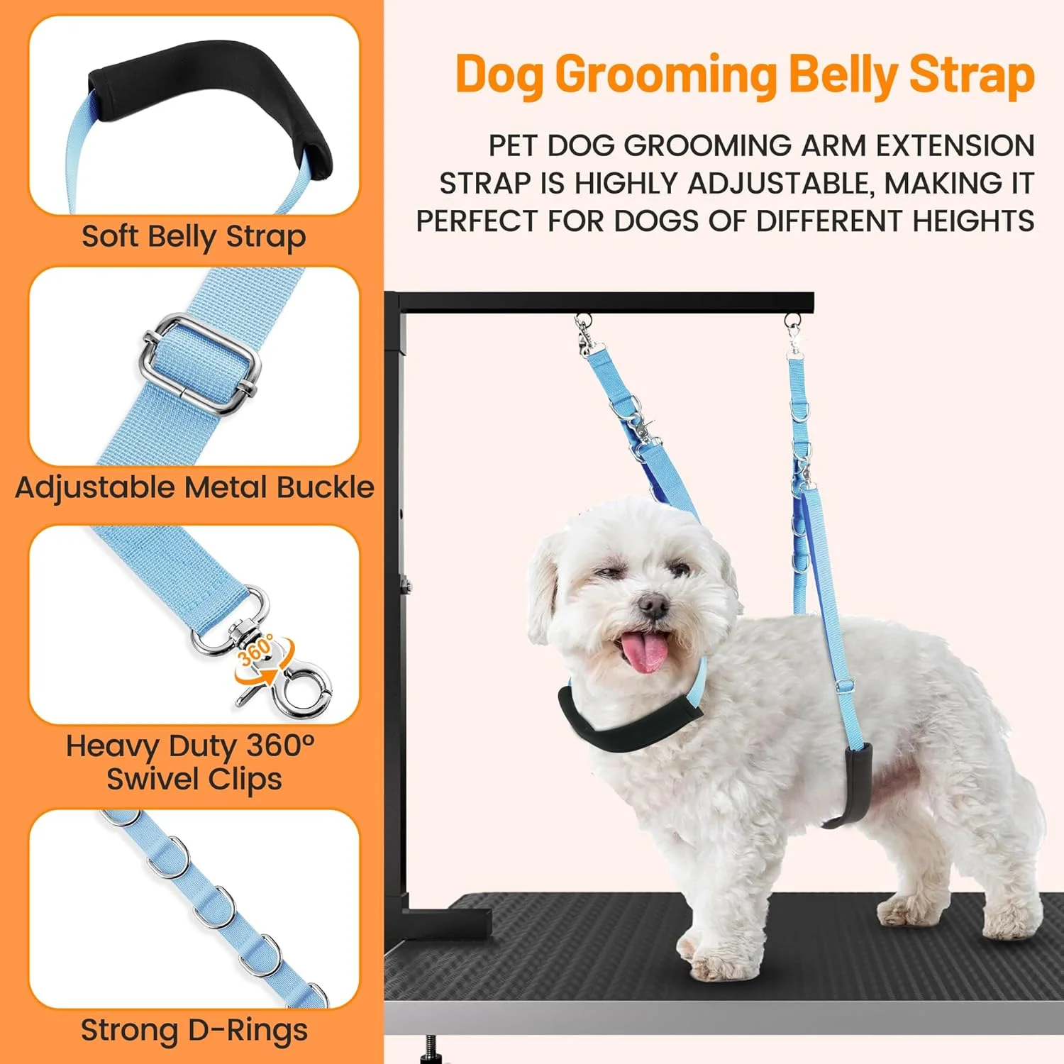 بند نگهدارنده شکم سگ برای آرایش - بازوی کمکی میز آرایش سگ با گیره و حلقه اتصال، بند مهار کننده برای حمام کردن، نگهدارنده نشیمنگاه برای اصلاح مو و شستشوی سگ های کوچک و متوسط​​، 3 عدد