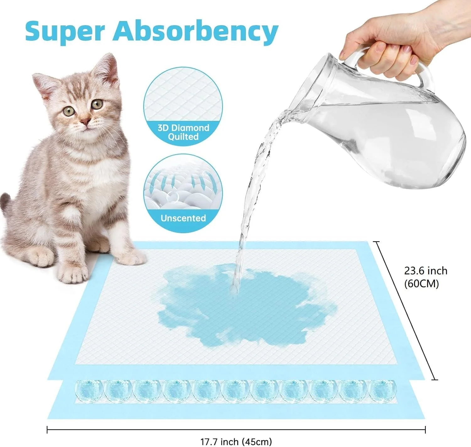 پد ادرار گربه، 25 عدد در 1 بسته، 60 در 40 سانتی متر | فوق العاده جاذب، ضد نشت، ضد لغزش، خشک شدن سریع | ایده آل برای جعبه های بستر، قفس ها، کنترل بو، آموزش دستشویی و محافظت عالی از کف.