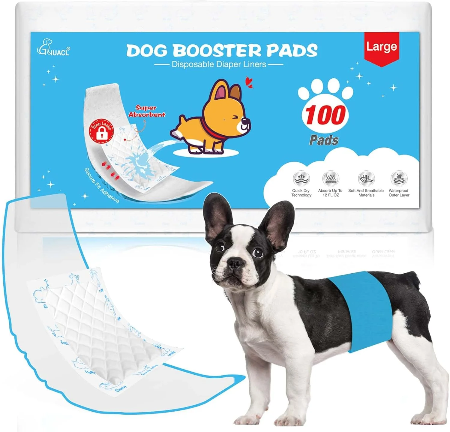 پدهای پوشک سگ برای پوشک سگ نر و ماده، بسته 100 عددی پدهای تقویت کننده یکبار مصرف با جذب فوق العاده سریع، محافظت عالی برای اکثر نوارهای شکمی حیوانات خانگی قابل استفاده مجدد، پوشک توله سگ زنانه قابل شستشو و پوشک نر