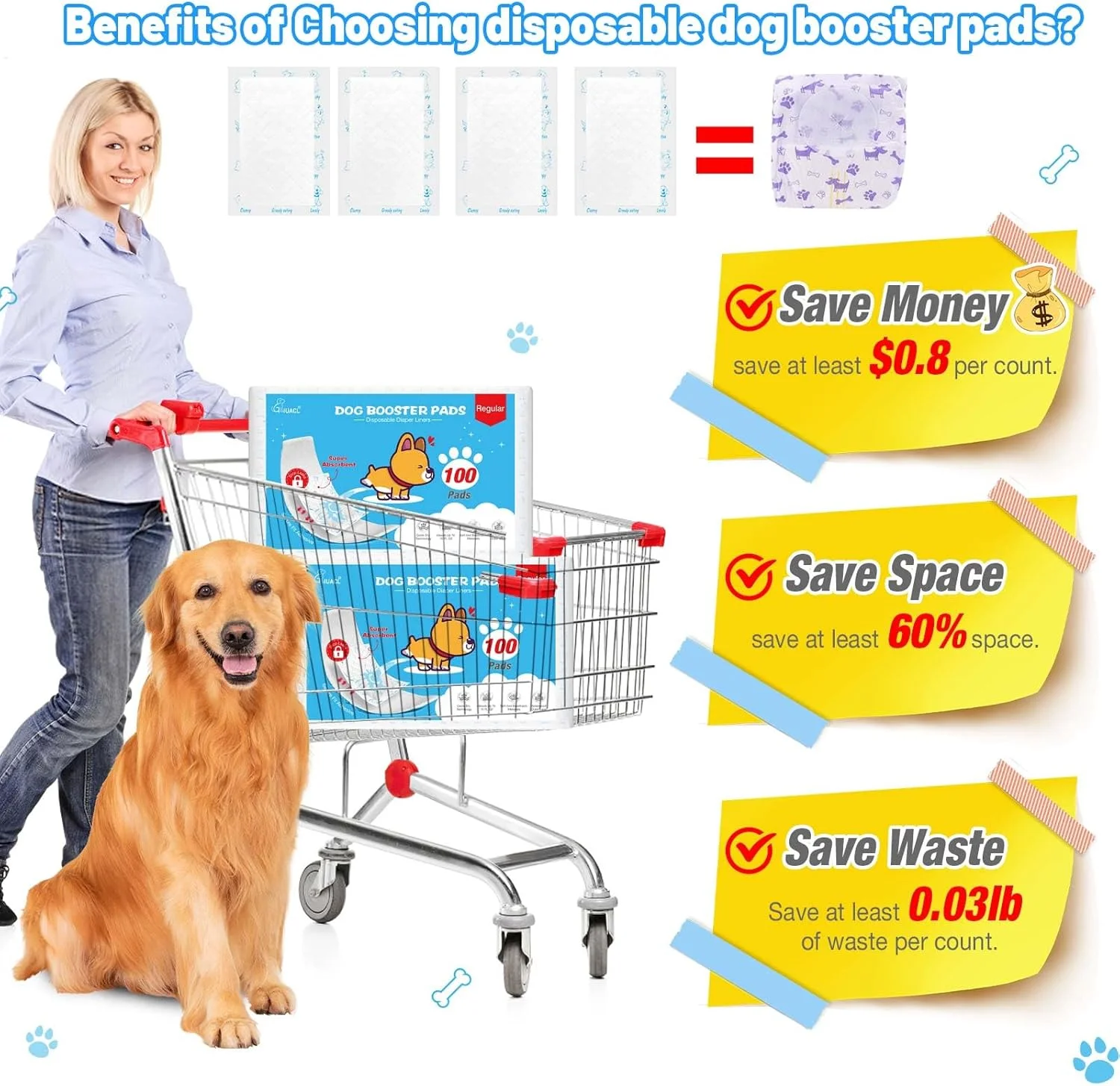 پدهای پوشک سگ برای پوشک سگ نر و ماده، بسته 100 عددی پدهای تقویت کننده یکبار مصرف با جذب فوق العاده سریع، محافظت عالی برای اکثر نوارهای شکمی حیوانات خانگی قابل استفاده مجدد، پوشک توله سگ زنانه قابل شستشو و پوشک نر