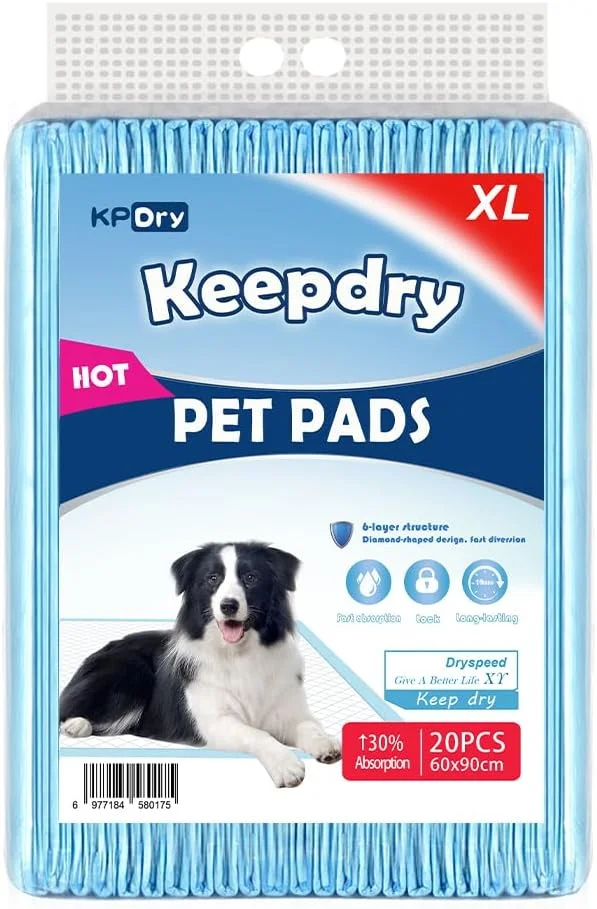 پدهای آموزش ادرار سگ KPDry | پدهای فوق العاده جاذب ادرار برای توله سگ ها و سگ ها | 60x90 سانتی متر، 20 عددی | ضد نشت با تکنولوژی خشک شدن سریع و نوارهای چسبنده