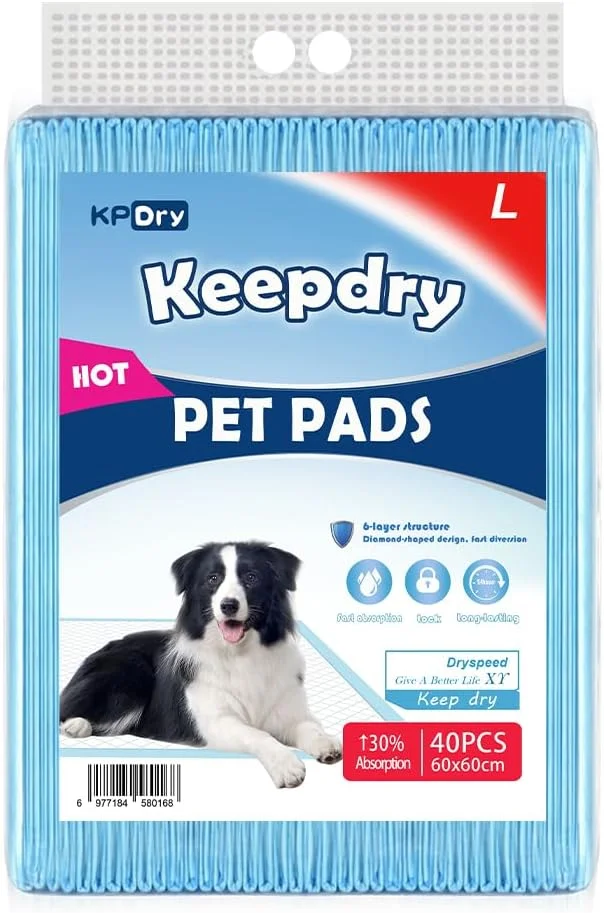 پدهای آموزشی سگ KPDry | پدهای فوق العاده جاذب ادرار برای توله سگ ها و سگ ها | 60x60 سانتی متر، 40 عدد | ضد نشت با فناوری خشک شدن سریع و نوارهای چسبنده