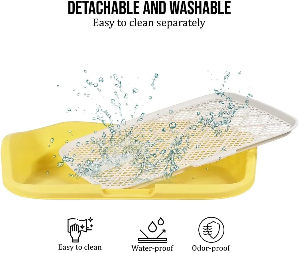 توالت آموزش ادرار سگ برای تمامی نژادها، نگهدارنده پد ادرار بادوام و با کاربری آسان با طراحی ستونی و توری جداشدنی، توالت سگ پنجه ها و کف را تمیز نگه می دارد 55 سانتی متر (زرد)