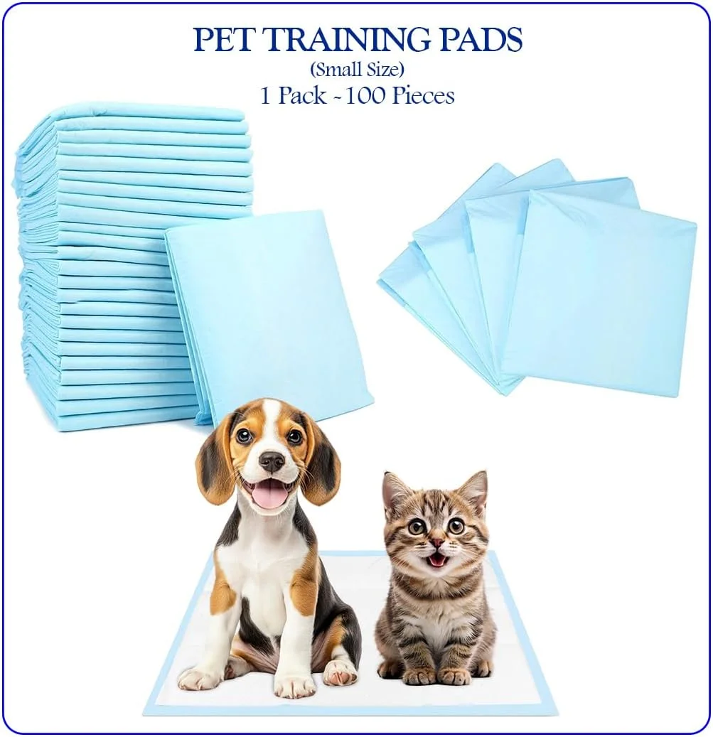پدهای آموزشی حیوانات خانگی با ضخامت 5 لایه، فوق العاده جاذب، ضد نشت و یکبار مصرف، پد ادرار سگ، 100 عدد در هر بسته، آموزش دستشویی برای سگ ها، گربه ها و سایر حیوانات خانگی کوچک، 33x45.5 سانتی متر سایز کوچک (آبی)