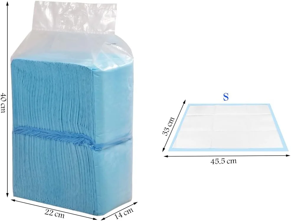 پدهای آموزشی برای سگ ها و گربه ها، پدهای ادرار قابل حمل، بسته 100 عددی، پدهای آموزشی جاذب، ضخامت 5 لایه، پدهای 33x45.5 سانتی متر (S)، پدهای آموزشی یکبار مصرف با پدهای خشک شونده سریع (آبی)